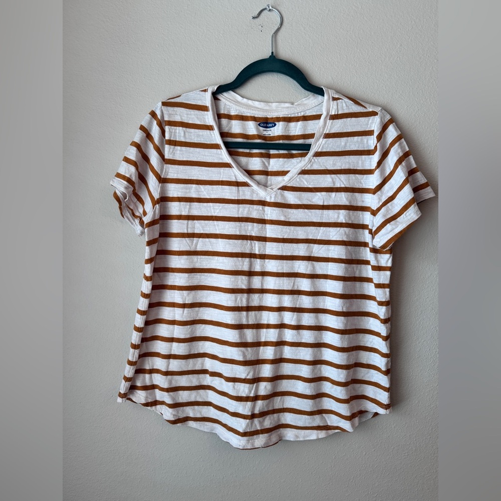 Old Navy White and Brown Striped V-Neck Tee
